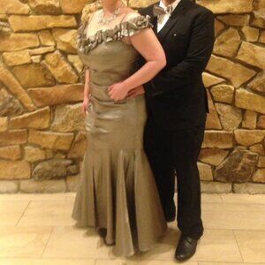 R&M Richards Metallic Ruffle Off Shoulder Rosette Mermaid Gown Taupe 12P